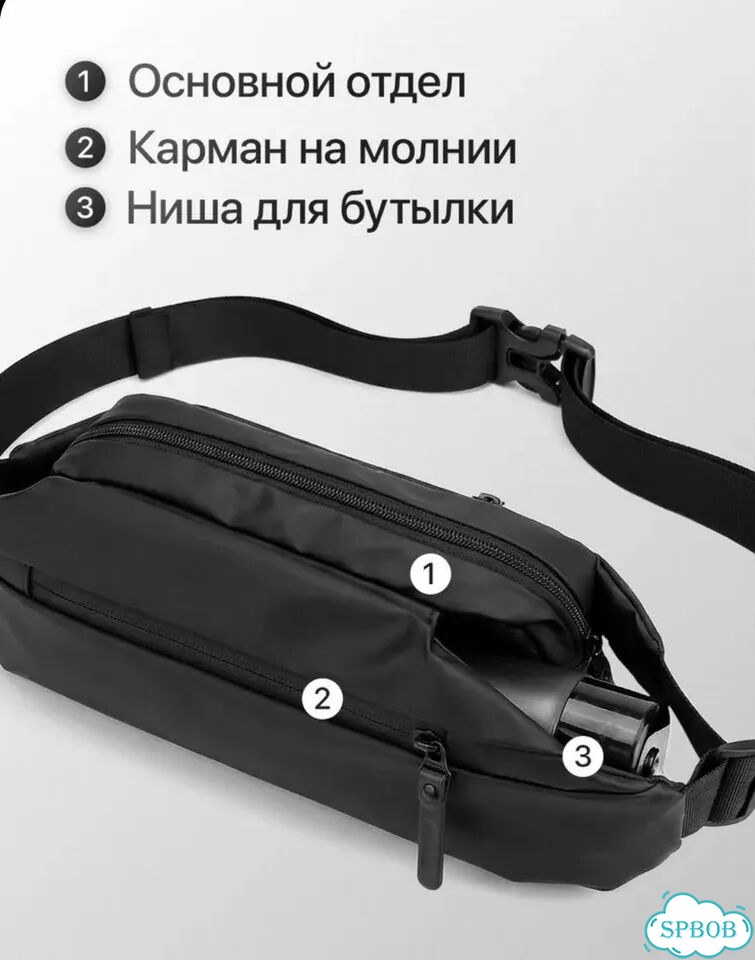 Сумка мужская через плечо и на пояс бананка черная фото 6