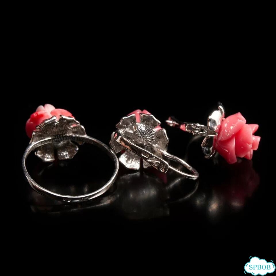 Серьги кольцо розовый коралл резьба 925 родий 18 фото 5