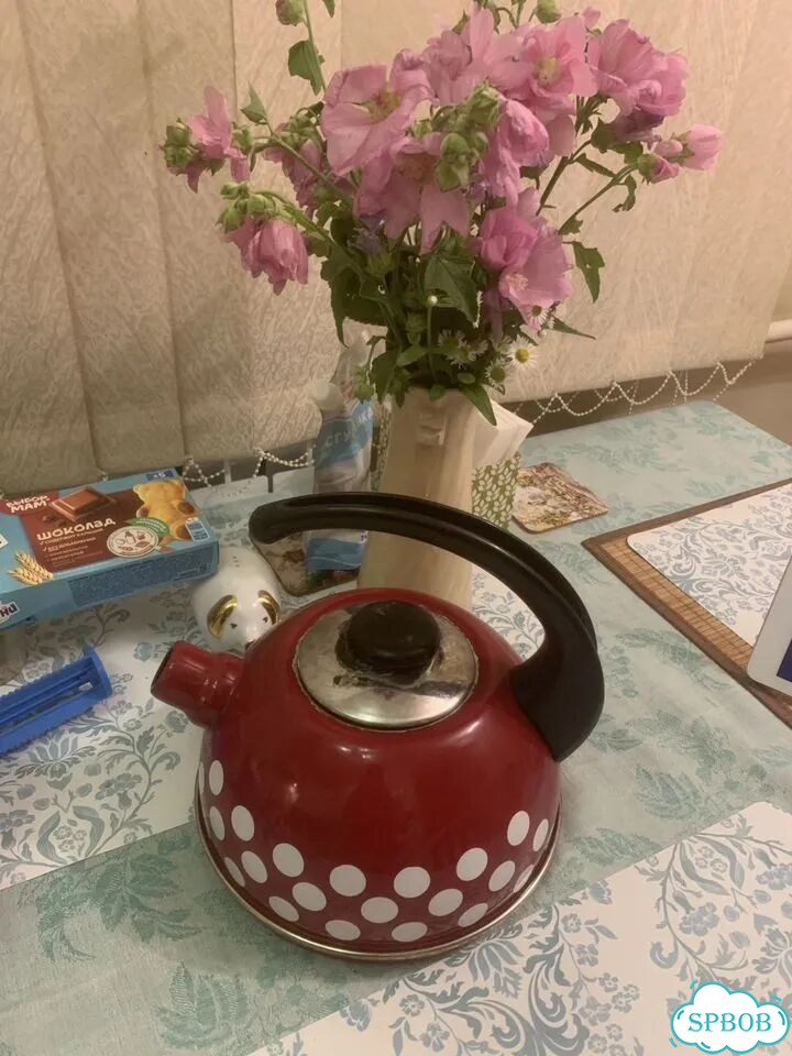 Чайник эмалированный СССР красный в горох фото 2